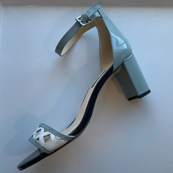 Nine West Paisley Open Toe Blue Patent Leather Block Heel Sandals - Picture 7 of 16